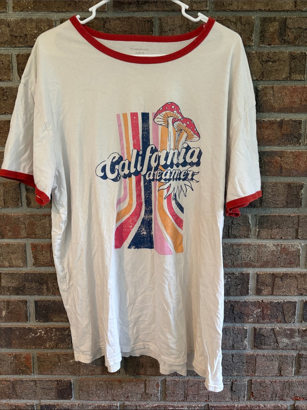 Unisex California Dreamer Graphic Mushroom Ringer Tee - White with Orange Trim